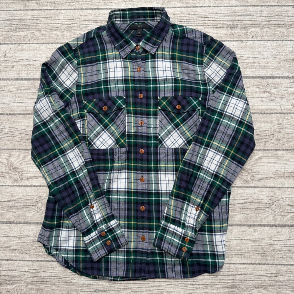 J.Crew Shirt Women's 10 Green Plaid Flannel Button Down Long Sleeve Cotton Rodeo